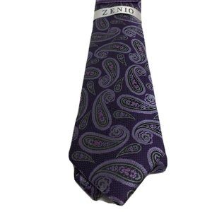 Zenio Men's Tie 2 Hankies Set Slim Purple Lavender Black Paisley Pattern